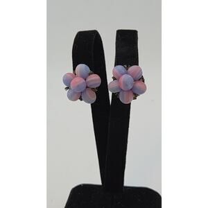Vintage Italy Pink Lavender Satin Glass Cluster Earrings Clip On Mid Century